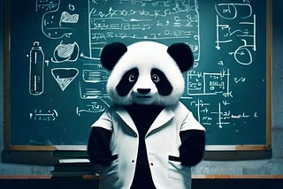 Panda standing before a board with a diagram on it.