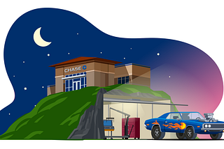 Illustration of a Chase branch on top of a hill, with a car exiting a garage that is inside the bottom of the hill.
