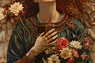A richly detailed digital painting in the style of Pre-Raphaelite and Art Nouveau illustration. A figure with flowing auburn curls, eyes closed in peaceful repose, holds a gathered bouquet of roses, daisies, and wildflowers against their chest with one hand resting gently over their heart. Large, delicately veined wings spread behind them, and an ornate golden halo with intricate botanical and geometric detail frames their head. The robes are deep teal with embroidered gold trim.