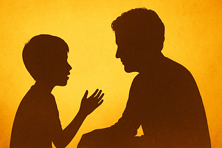 Silhouettes of a parent and child in conversation, seated closely together, with warm yellow tones suggesting trust, connection, and attentiveness in a digital learning context.