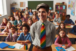 A smiling teacher with a rainbow tie stands in front of a classroom of children.
