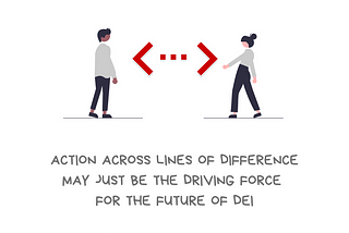 Graphic with the message I nurture interconnectedness. Action across lines of difference may just be the driving force for the future of DEI. There’s a drawing of two people of different skin colors, with a large double-headed arrow between them, signaling that they are both moving closer to each other. Along the bottom is the @BetterAllies handle and credit to @ninalimpi for the drawing.