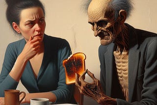 A wife’s looking angrily at her withered husband as he eats a charred toast