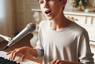 A teen-aged boy is singing and playing the piano in a living room.