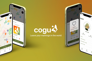 Four iPhones in angle, being two on the left and two on the right, with the cogu logo in the middle, written: "Leave your markings in the world". The iPhones are showing some screenshots of the app cogu, over a gradient that goes from green to orange.