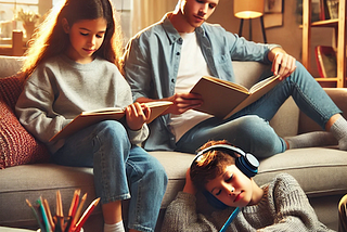 Children sitting around relaxing with music, reading or drawing.