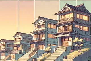 Four houses in traditional japanese style, progressively getting bigger to represent team growth happening through agile ceremonies.