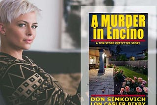 Woman left looking at camera with insert of book cover