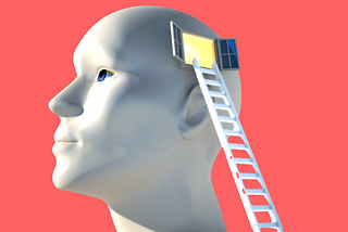 Image of a white mannequin head that has an open window on the side of the head and a ladder leaning up against it.