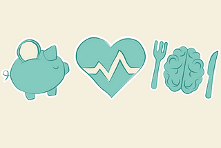 Graphics of a piggy bank, a heart and a brain, representing money, physical health and brain food respectively.