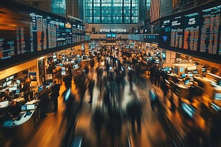 Wide view of the New York Stock Exchange packed with motion-blurred traders, towering LED tickers and desk-mounted screens streaming real-time prices — capturing the frenetic atmosphere of AI-driven predictive trading.