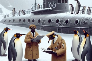 AI image of two penguins in Army great coats with note pads, in a group with four other penguins and a submarine in the background. They are trying to calculate their bearings before setting off under the ice to look for a secret civilization.