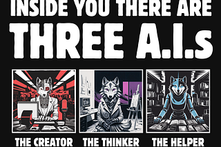 HEADLINE: Inside you there are three A.I.s. Images show The Creator (a red cyborg wolf), The Thinker (a purple cyborg wolf), and The Helper (a blue cyborg wolf).