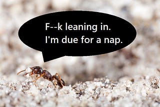 An ant carrying a grain of sand with a speech bubble that says, “Fuck leaning in. I’m due for a nap.”