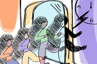 Illustration of women going through a revolving door