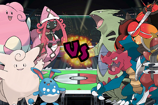 An image depicting Blissey, Tapu Lele, Clefable, and Azumarill facing off against Tyranitar, Buzzwole, Druddigon, and Bisharp.