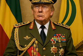 Trump in full banana-republic regalia: a miliatry uniform draped in medals and military bravado in front of a flag with a banana on it.