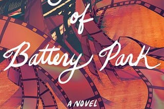 book cover of Jane of Battery Park. Orange and red tones show park benches and lamp posts in background with swirling glossy film strip in foreground