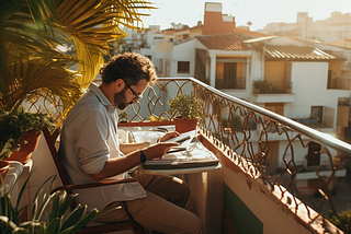 AI generated image of an author sitting on a balcony going through his notes