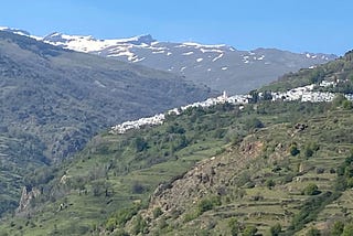 A view of the Sierra Nevada mountains in Southern Spain, the peaks capped with snow