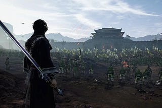 The created player character stares out at a field full of guys in Dynasty Warriors: Origins.