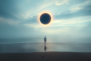 A person stands on a desolate beach. they’re looking out over the water into the fog. Above is an eclipsed Sun.
