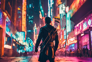 An archer shooting an arrow through a noisy and bright city