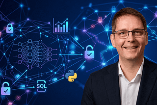 Sebastian Wernicke smiling in a dark suit and glasses in front of a blue AI-themed network visualization with security locks, charts, SQL and Python icons.