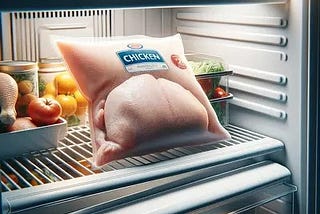 A packaged frozen chicken stored in an organized freezer alongside various food items.