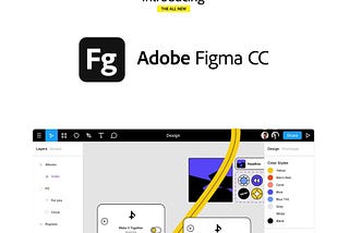 A possible visualization of Figma, coupled with Adobe branding elements. Adobe Figma CC text and icons in the style of Adobe Creative Cloud.