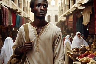 AI-generated image showing African migrant wandering through an Arab market with a concerned look