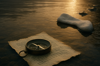 A symbolic photograph featuring a brass compass resting on a weathered, torn manuscript page. Soft natural light falls across the scene, evoking a quiet sense of direction and reflection. The compass needle points true north, suggesting moral clarity amidst fragmentation.