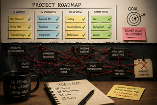 A neatly organized project roadmap with completed tasks and checkmarks sits above a tangled network of strings and notes representing confusion, misalignment, and disconnected work beneath the surface.