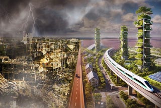 A landscape is split down the middle by a dark red highway. On the left, civilization lies in ruins under stormy skies and a dense smog. On the right, a new civilization emerges with eco-centric design, vertical farms, and high-speed rail.
