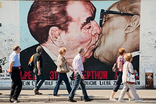 Berlin Wall most famous graffiti: Leonid Brezhnev and Erich Honecker in a passionate kiss