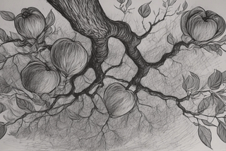 AI-generated Charcoal Drawing depicting a quince tree seen from below while reclining against its trunk.