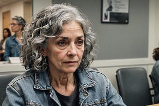 Image of an older woman with half long grey curly hair, sitting in the waiting room of a doctor.