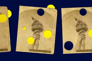 Collage with three repeated vintage photos of the Statue of Liberty’s torch