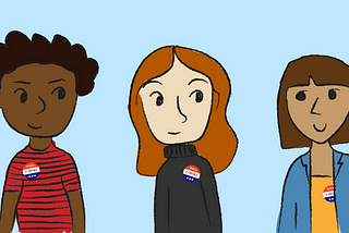 Illustration of three young voters by Sara Schleede and graphic by Josh Magpantay.