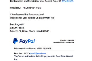 A spam email trying to convince me that I’ve been charged €499.99 for a PayPal Bitcoin purchase