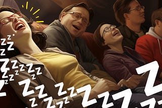 a snoring lady sleeping on a sofa surrounded by laughing people