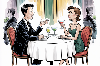 Cosmopolitan couple dating in Manhattan drinking martinis cartoon image