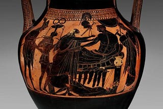 Attic black‑figure amphora showing the ransom of Hector: white‑haired Priam strides toward the reclining warrior Achilles, arms outstretched in supplication, while Achilles lounges on a couch holding a shallow drinking bowl above Hector’s naked, blood‑streaked corpse on the ground; at the left the god Hermes and a young attendant carry a tripod and bowls as ransom, and at the right a female servant approaches with a water jar, all set against the glossy black body of the vase.