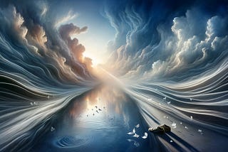 A serene, abstract landscape with flowing rivers under a cloudy sky, light beams breaking through, shadows at the edges, falling petals on still water, and an expansive sky.