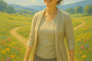 A woman, with a smile, with paths (choices) behind her, and more to come. There are mountains and trees in the peaceful background with wildflowers in the foreground.