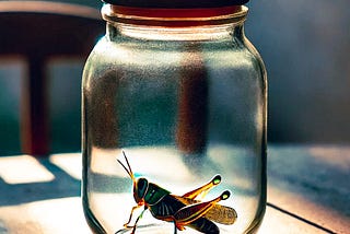 AI generated image of a green grasshopper inside a glass jar with lid screwed on
