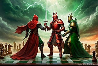 Green and red knights and a bishop fight on a chessboard battlefield