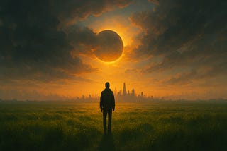 You still have time, but not much. Picture is of a lone man walking toward a city under an eclipsed sun.