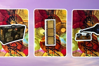 Three oracle pick a card piles: pile 1 — vintage suitcase, pile 2 — film roll, and pile 3 — music player