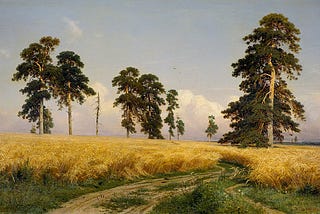 1878 oil painting A Rye Field by Ivan Shishkin. A path winds through a rye field dotted with trees.